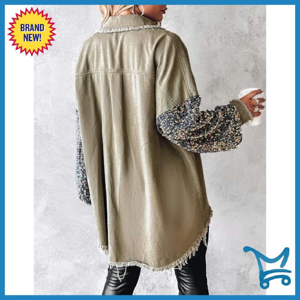 Oversized Denim Shacket with Sequin Patchwork Lon… - image 3